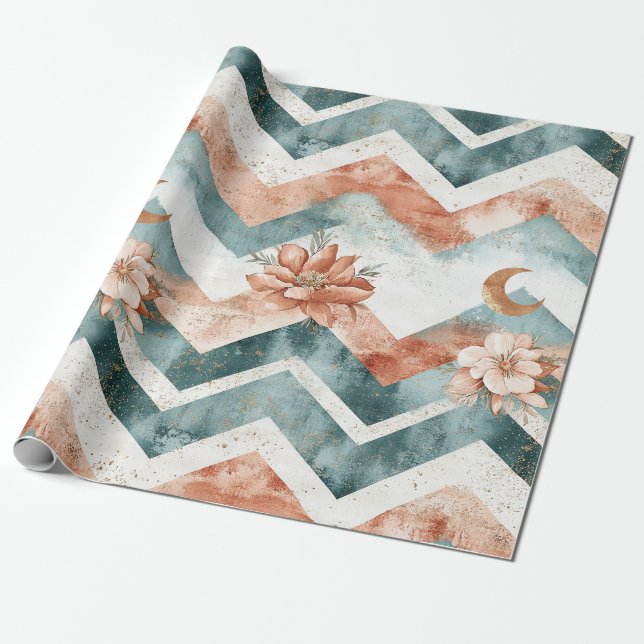 Rustic Moon Floral Chevron Earthy Pattern (4) Wrapping Paper (Unrolled)