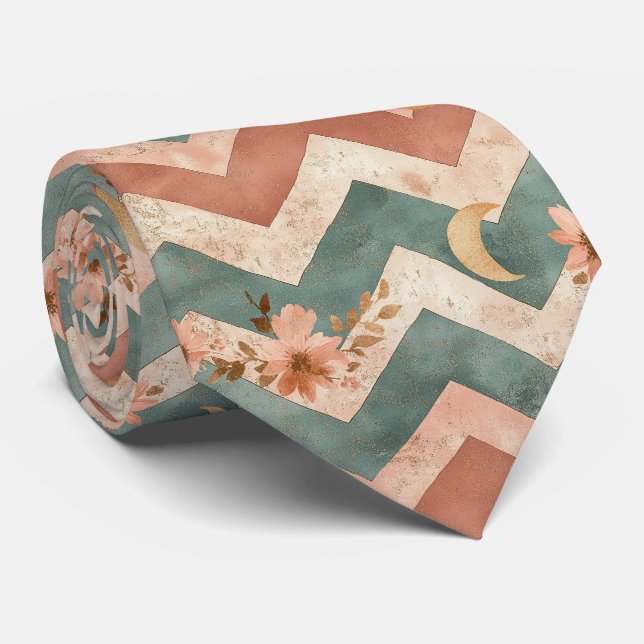 Rustic Moon Floral Chevron Earthy Pattern (5) Tie (Rolled)