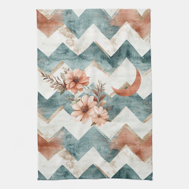 Rustic Moon Floral Chevron Earthy Pattern Kitchen Towel (Vertical)