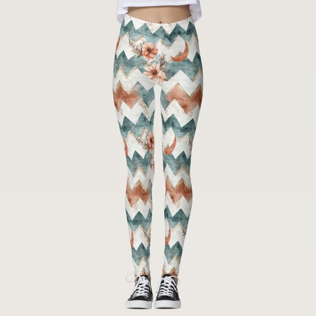 Rustic Moon Floral Chevron Earthy Pattern Leggings (Front)