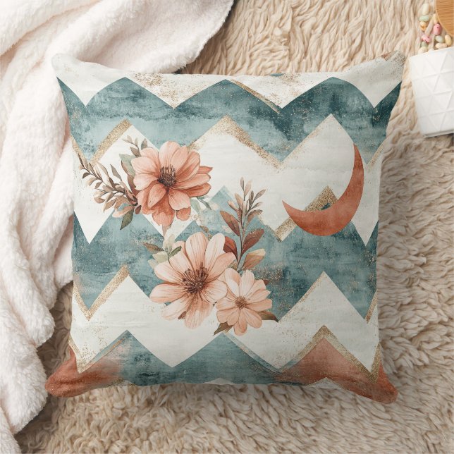Rustic Moon Floral Chevron Earthy Pattern Throw Pillow (Blanket)