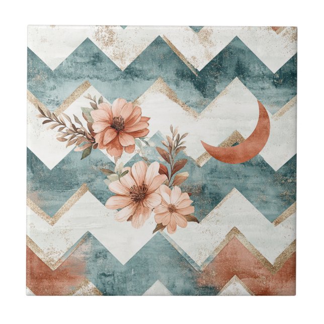 Rustic Moon Floral Chevron Earthy Pattern Tile (Front)