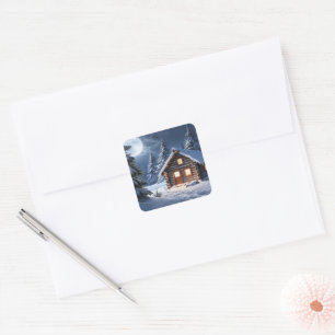 Rustic Moonlight Cozy winter Cabin Square Sticker