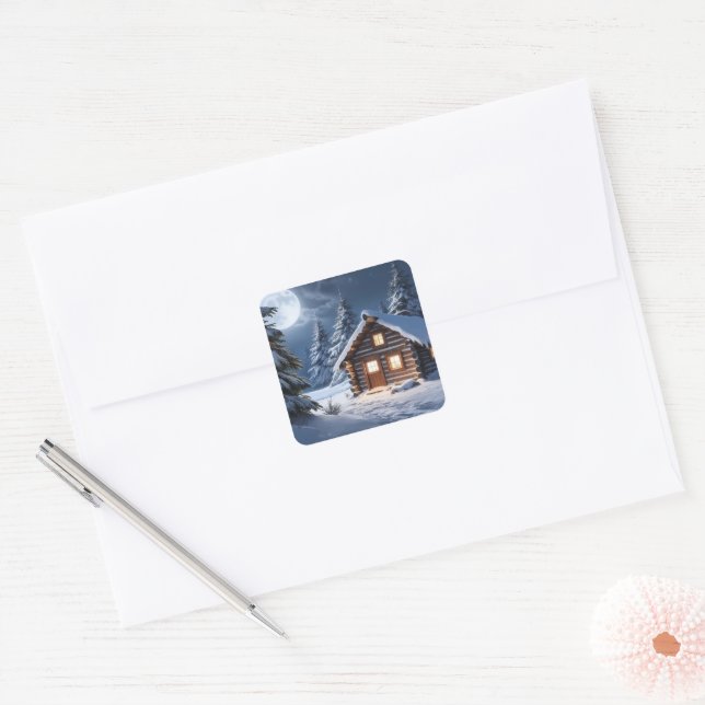Rustic Moonlight Cozy winter Cabin Square Sticker (Envelope)