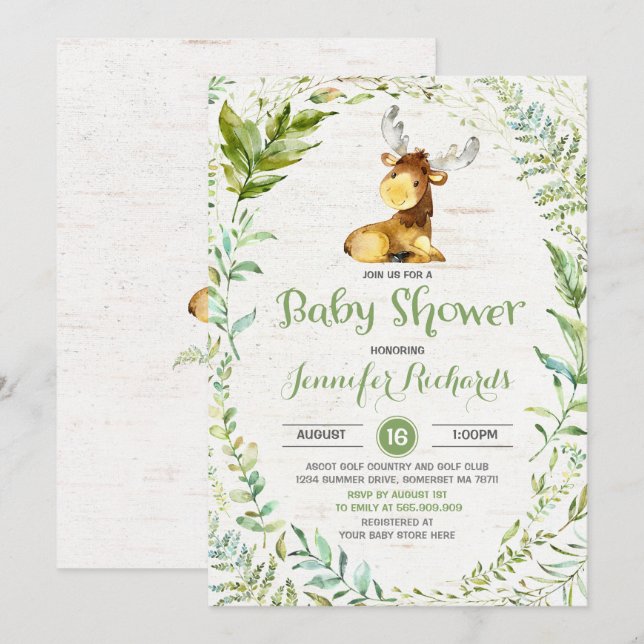 Rustic Moose Baby Shower Invitation Greenery (Front/Back)