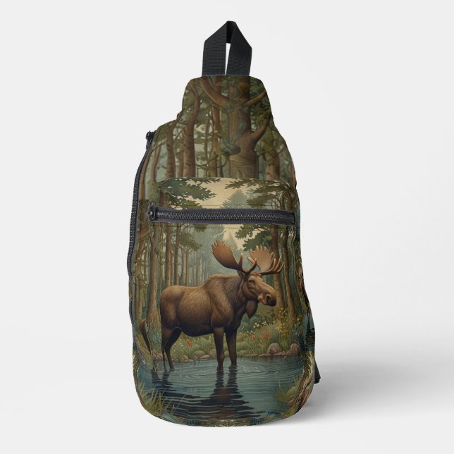 Rustic moose boho woodland forest lake stream sling bag (Front)