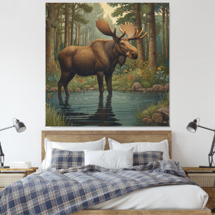 Rustic moose boho woodland forest trees greenery  canvas print