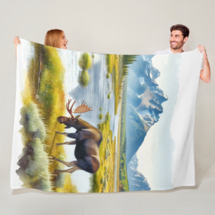 Rustic Moose Cabin Style Watercolor  Fleece Blanket