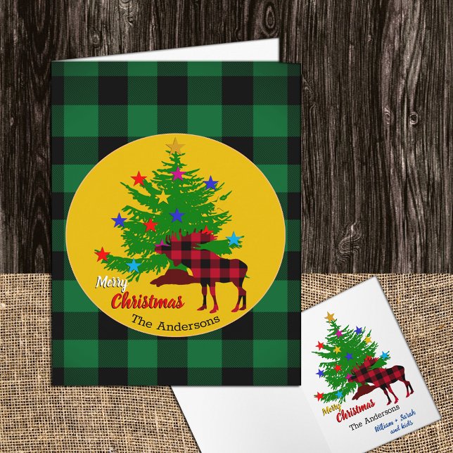 Rustic Moose, Christmas Tree, Family name, Plaid Card (Creator Uploaded)
