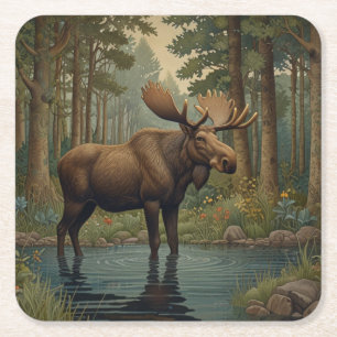 Rustic moose deer boho woodland forest greenery  square paper coaster