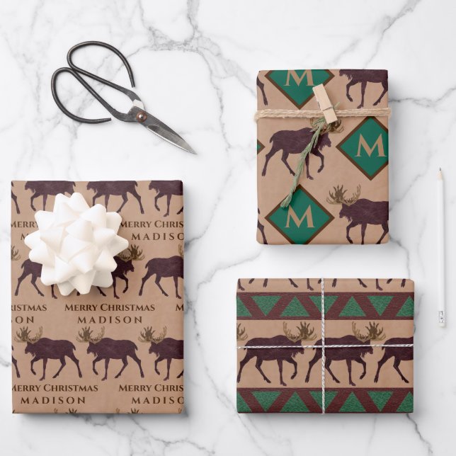 Rustic Moose Faux Leather Animal Assortment Cute Wrapping Paper Sheet (Front)