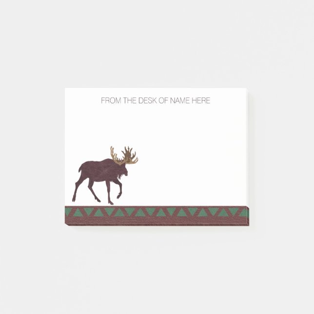 Rustic Moose Faux Leather-Look Personalized Post-it Notes (Front)