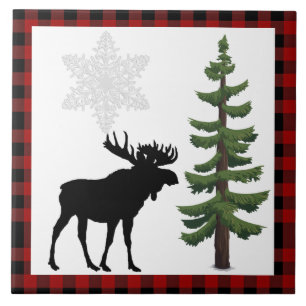 Rustic Moose Pine Tree Red Plaid Decorative  Tile