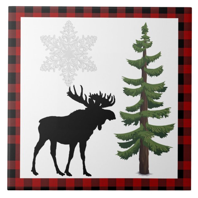 Rustic Moose Pine Tree Red Plaid Decorative  Tile (Front)
