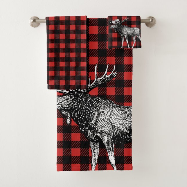 Rustic Moose Red & Black Buffalo Check Plaid Bath Towel Set (Insitu)