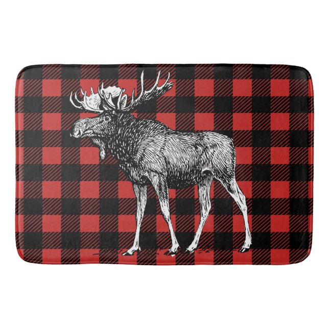 Rustic Moose Red & Black Buffalo Lumberjack Plaid Bath Mat (Front)
