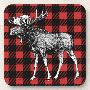 Rustic Moose Red & Black Buffalo Plaid Man Cave Coaster