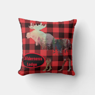 Rustic Moose Red Buffalo Plaid Add Name Cabin Throw Pillow