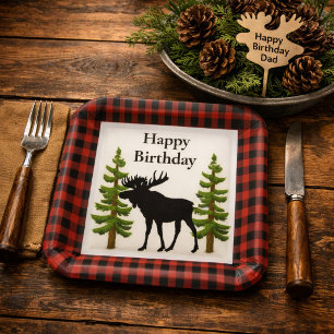 Rustic Moose Red Plaid Birthday Paper Plate