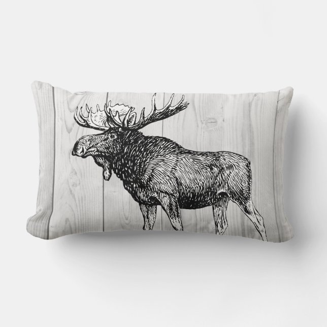 Rustic Moose Sketch and Laurels White Wood Planks Lumbar Pillow (Front)