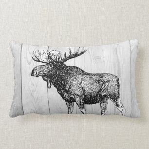 Rustic Moose Sketch and Laurels White Wood Planks Lumbar Pillow