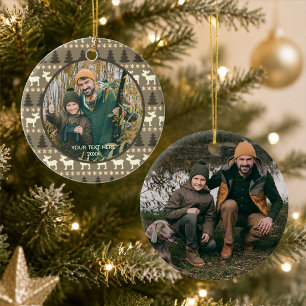 Rustic Moose Trees Wilderness Two Photos Brown Ceramic Ornament