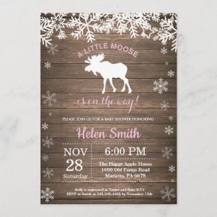 Rustic Moose Winter Snowflake Girl Baby Shower Invitation