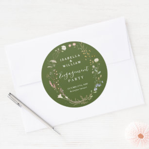 Rustic Moss Green Boho Wildflower Engagement Party Classic Round Sticker