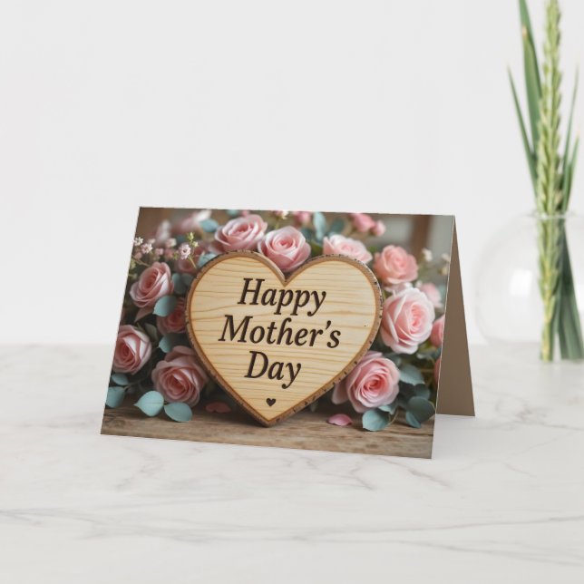 Rustic Mother’s Day Wooden Heart Sign with Pink Ro Note Card (Front)