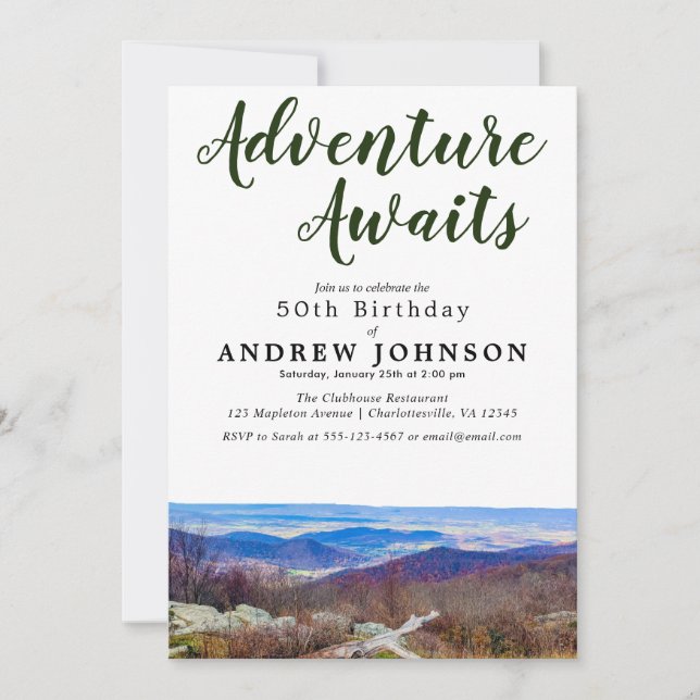 Rustic Mountain Adventure Awaits Birthday Party In Invitation (Front)