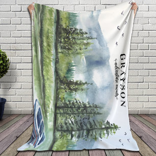 Rustic Mountain Adventure with Boat + Custom Name  Sherpa Blanket