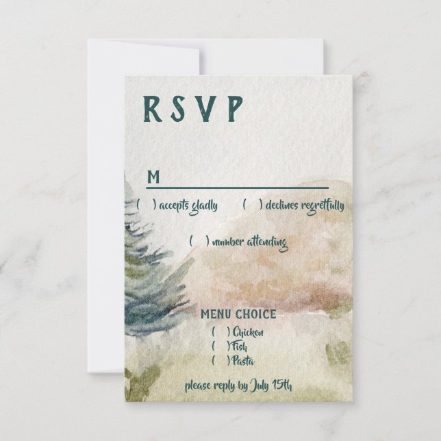 Rustic Mountain Arbor Evergreen Wedding Menu RSVP (Front)