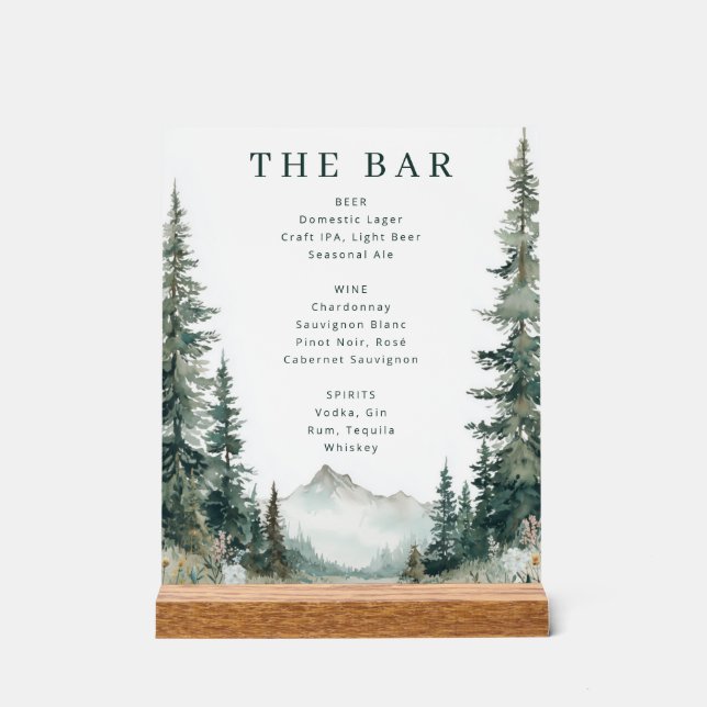 Rustic Mountain Bar Menu Acrylic Sign (Front)