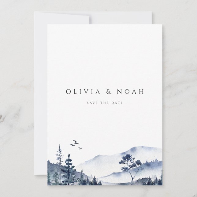 Rustic Mountain Boho Evergreen Save The Date Card (Front)