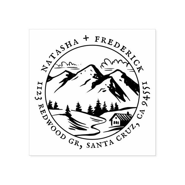 Rustic Mountain Cabin Sketch Couple Return Address Rubber Stamp (Imprint)