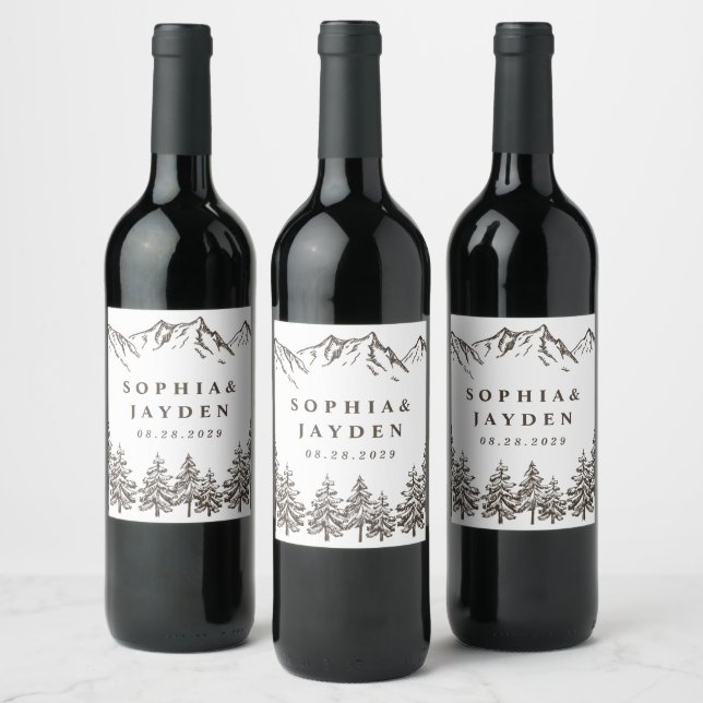 Rustic Mountain Elegant Watercolor Pine Wedding Wine Label (Bottles)