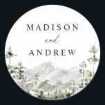 Rustic Mountain Evergreen Forest Wedding Classic Round Sticker<br><div class="desc">Rustic wedding stickers featuring a landscape of watercolor evergreen trees and mountains. Personalize the woodland mountain wedding stickers with your names and wedding details. The woodland wedding stickers are perfect for sealing wedding envelopes, wedding favour bags, and more! The forest wedding invitations are perfect for destination weddings in the mountains....</div>