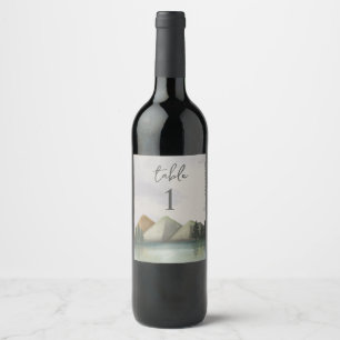 Rustic Mountain Evergreen Wedding Table Number Wine Label
