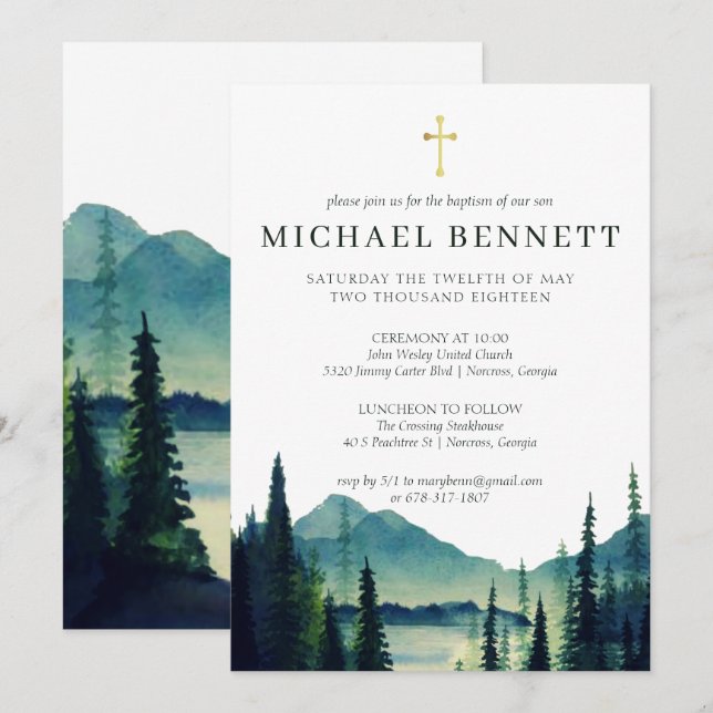 Rustic Mountain Forest Baptism Invitation (Front/Back)