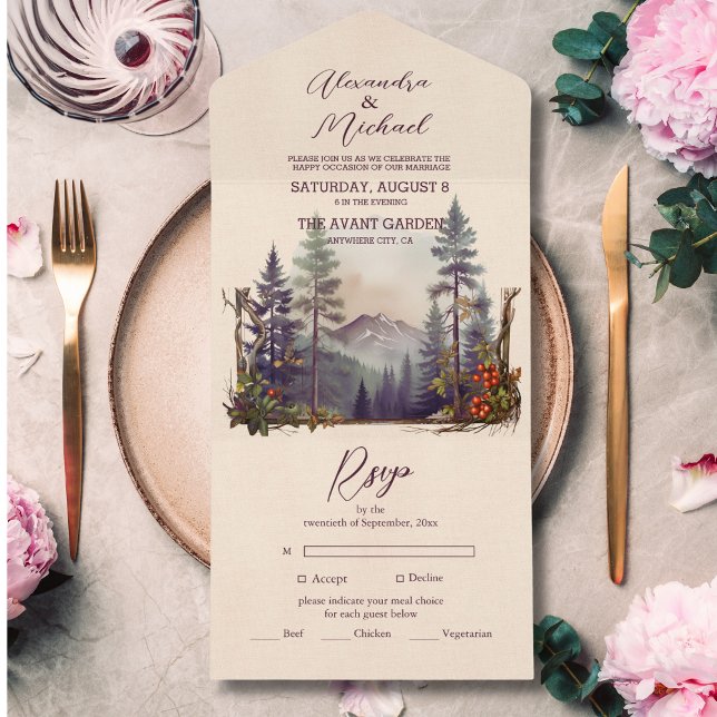 Rustic Mountain Forest Evergreen Tree Wedding All In One Invitation (Creator Uploaded)