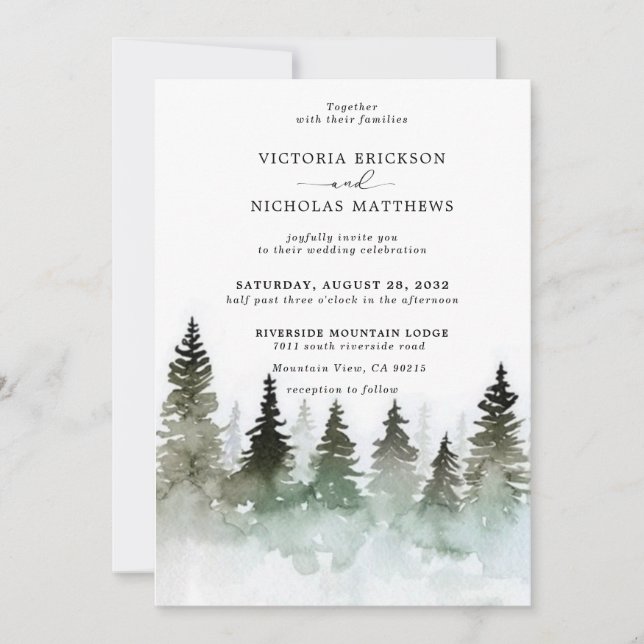 Rustic Mountain Forest Evergreen Tree Wedding Invitation (Front)