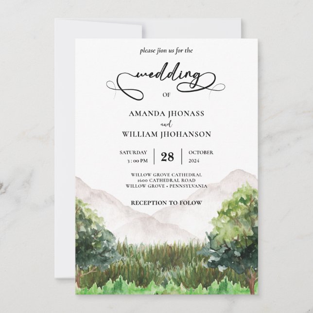 Rustic Mountain Forest Evergreen Tree Wedding Invitation (Front)