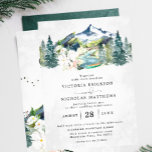 Rustic Mountain Forest Evergreen Tree Wedding Invitation<br><div class="desc">Design features an elegant watercolor mountain view, a charming canoe at the base of the river and a beautiful floral bouquet with modern, elegant fonts. These designs can be personalized for your special occasion and would be perfect for your wedding, bridal shower, engagement party, birthday party and many more special...</div>
