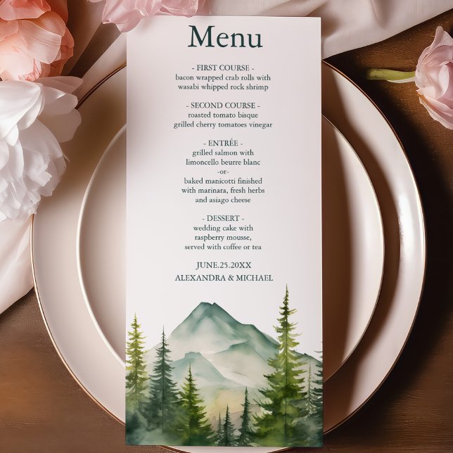 Rustic Mountain Forest Evergreen Tree Wedding Menu (Creator Uploaded)