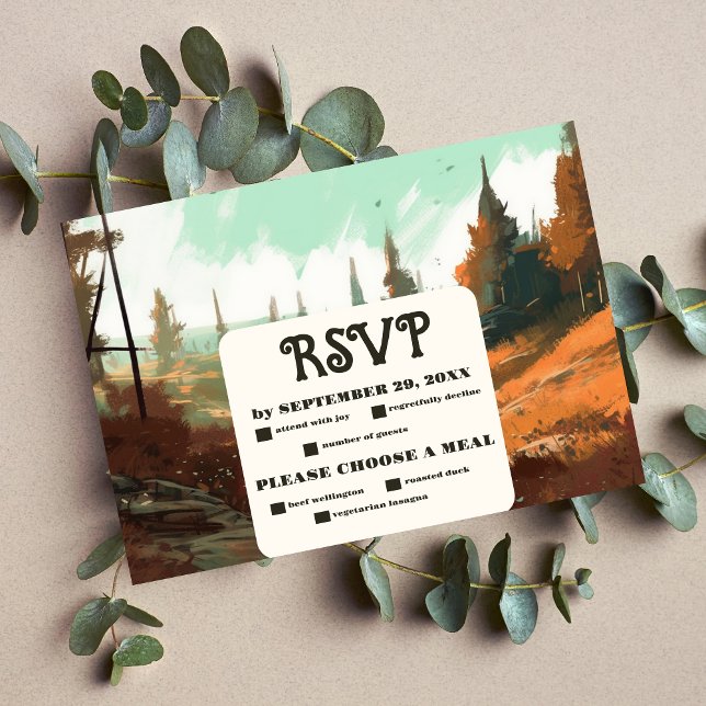 Rustic Mountain Forest Evergreen Wedding RSVP Card (Creator Uploaded)