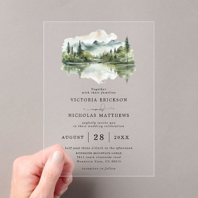 Rustic Mountain Forest Lake Budget QR Code Wedding Acrylic Invitations (Insitu (Handheld))
