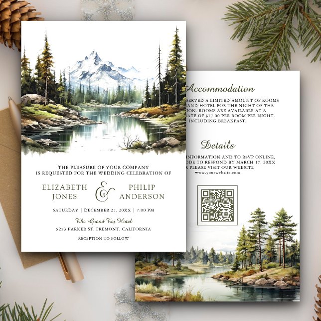 Rustic Mountain Forest Lake QR Code Wedding Invitation (Creator Uploaded)