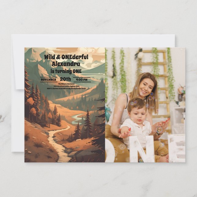 Rustic Mountain Forest Photo 1st Birthday Invitation (Front)