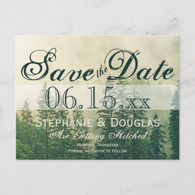 Rustic Mountain Forest Pine Trees Save the Date Announcement Postcard (Front)