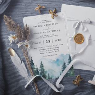 Rustic Mountain Forest Tree Budget QR Code Wedding Invitation